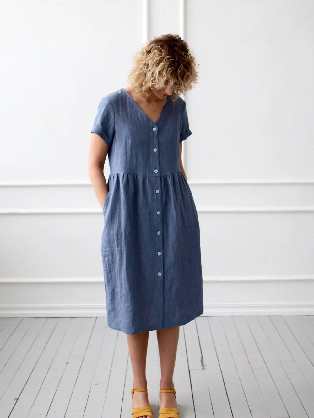 Blue Button-Front V-Neck Midi Dress - Picture 2 of 13